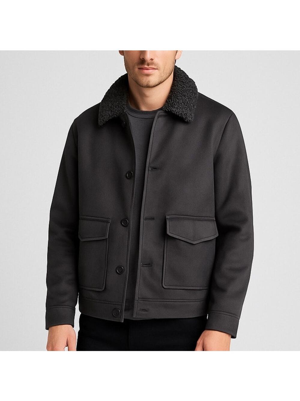 Express Faux Suede Sherpa-Lined Trucker Chore Jacket Charcoal Gray NWT